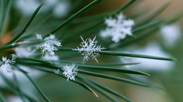 Delicate snowflakes rest on green pine needles under soft natural light  creating a crisp winter ro scene