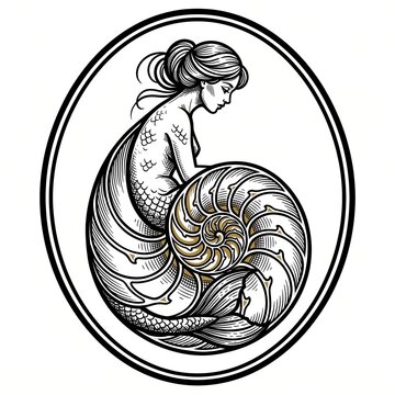Downward gazing sea maiden seated within an oval shell cameo, surrounded by ribbed chambers, fine hatch marks, restrained antique gold accents, and precise monochrome tattoo draftsmanship on white