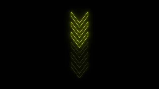 Neon yellow chevron arrows pointing down a digital graphic element for technology data or direction concepts isolated on black background
