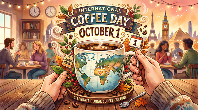 International Coffee Day map latte art cafe scene.