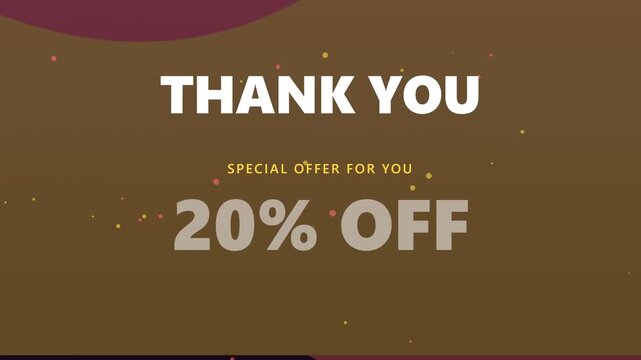 Elegant thank you card with a special discount offer of twenty percent off on a brown background with golden sparkles for customer appreciation