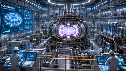Fototapeta premium Futuristic nuclear fusion reactor facility with scientists monitoring high energy plasma.