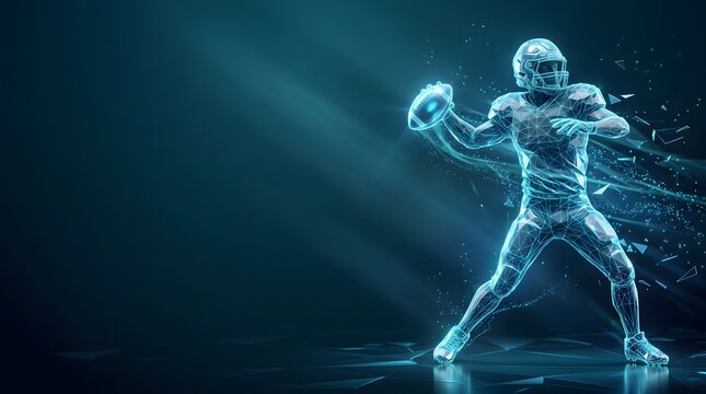 Futuristic low poly wireframe American football quarterback in throwing pose with glowing blue neon lines and digital particles on dark background
