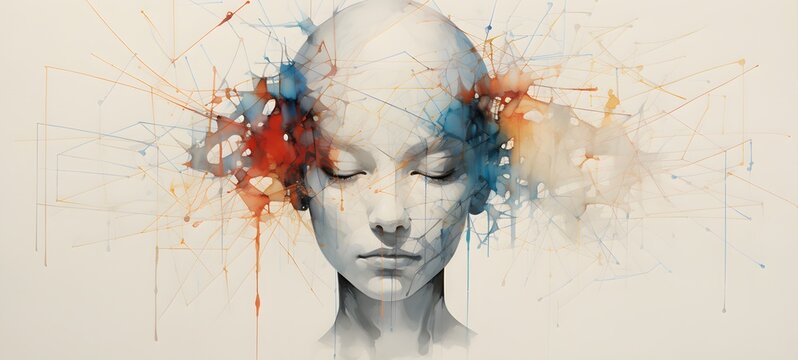 An abstract, geometric representation of a human head or brain,generative AI