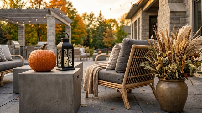Halloween-themed outdoor patio display with pumpkins, gourds, and fall decorations on wooden furniture