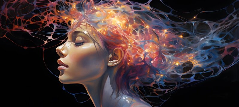 An abstract, geometric representation of a human head or brain,generative AI