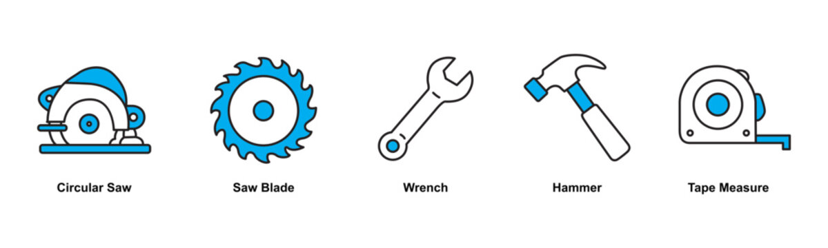 construction line icons tools including a circular saw, saw blade, wrench, hammer, and tape measure