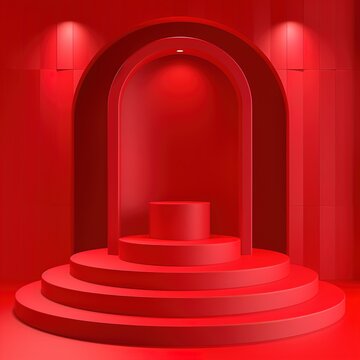 Red product display podium with arch