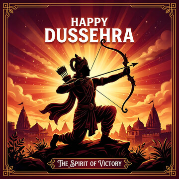 Happy Dussehra greeting card with Lord Rama silhouette aiming bow and arrow at sunset