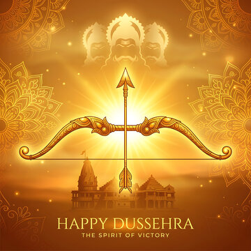 Golden bow and arrow with temple silhouette for Dussehra festival celebration background