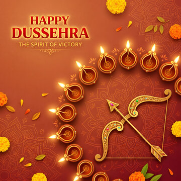 Happy Dussehra greeting card with traditional oil lamps and golden bow and arrow symbol