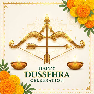 Happy Dussehra celebration background with golden bow and arrow and marigold flowers