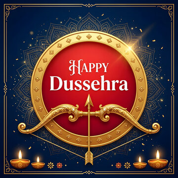 Happy Dussehra greeting card with golden bow and arrow on a red and blue background