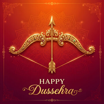 Golden bow and arrow illustration for Happy Dussehra festival greeting card design.