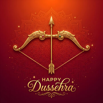 Golden bow and arrow for Happy Dussehra festival greeting card with ornate red background