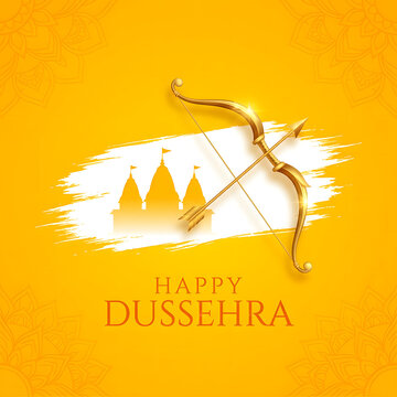 Happy Dussehra greeting card with golden bow and arrow and temple silhouette on yellow