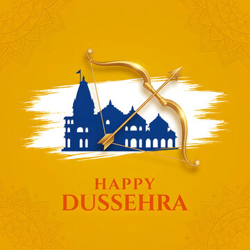 Happy Dussehra festival greeting card with golden temple illustration and brush stroke background