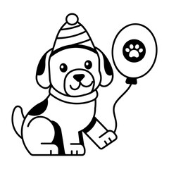Fototapeta premium A puppy wearing a party hat beside a blue balloon.