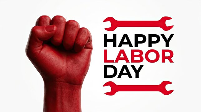 Labor day concept with a raised fist and wrench graphic on white background