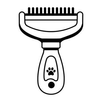 Red and blue rake tool for removing loose pet fur.