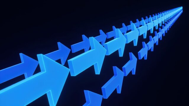 Abstract background, with a multitude, of glowing blue, arrows pointing in, the same direction, creating a sense, of progress and movement