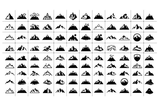 Set of Mountain Peak and Adventure Silhouette Icons Vector Black and White Outdoor Landscape Symbols