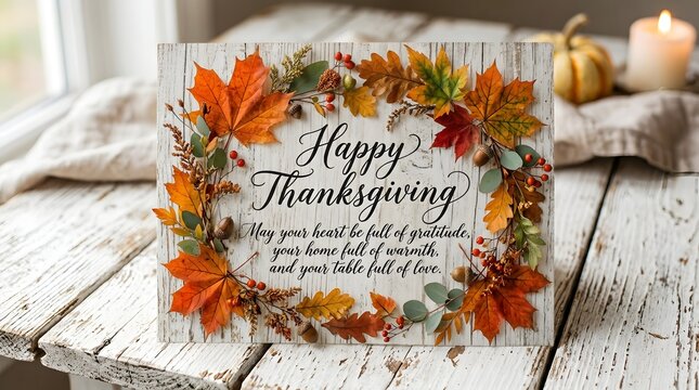 Happy Thanksgiving autumn wreath with text sign on rustic wooden table setting