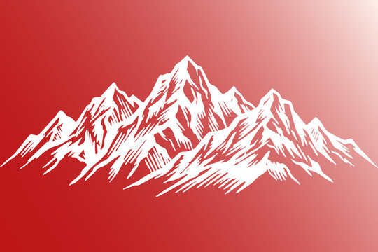 Vector illustration of majestic white rocky mountains in a detailed engraving style against a red and white gradient background.