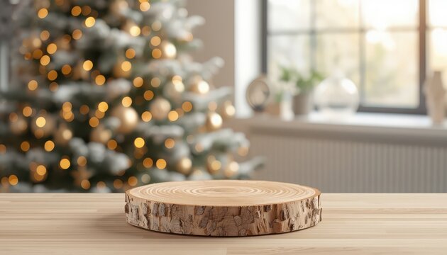 Wooden slice podium pedestal on table for product presentation with blurred Christmas tree background and golden bokeh.