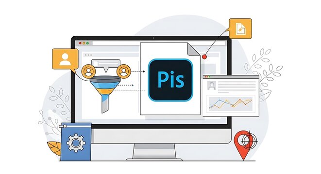Digital workspace graphic design featuring a computer screen showing data filtering processes with software file icons and professional analytical workflow charts for business productivity concepts