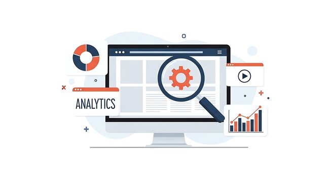 Data analytics performance monitoring illustration showcasing a computer screen with search tools charts graphs and digital insights for strategic business planning and professional reporting concepts
