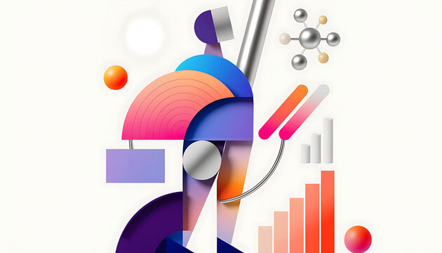 Abstract geometric composition with human-like figure and data visualization elements graphic design