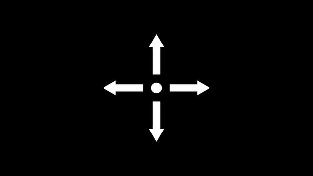 4K motion graphic of Navigation arrow with alpha channel transparency. 2D cartoon animation of Move joystick arrow on black background.