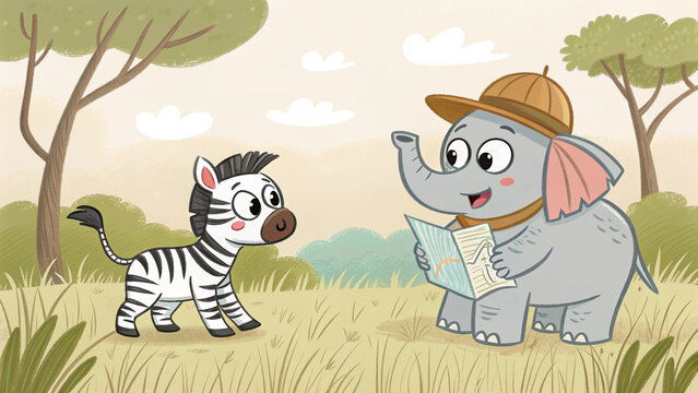 Cute cartoon zebra and explorer elephant standing together in the wild for coloring page
