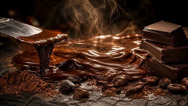 Molten dark chocolate with cocoa powder and coffee beans on a dark surface