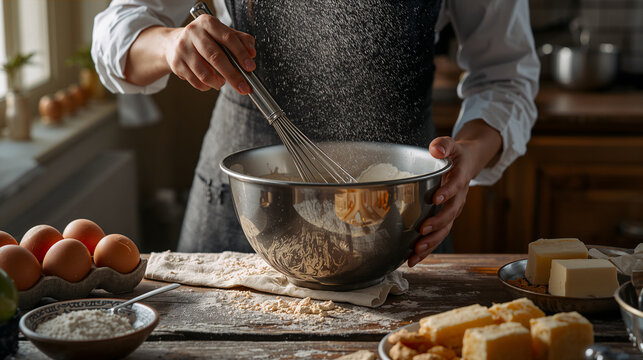Chef whisking ingredients in a stainless steel bowl while preparing homemade dough in a rustic kitchen, with eggs, flour and butter on a wooden table, traditional baking preparation