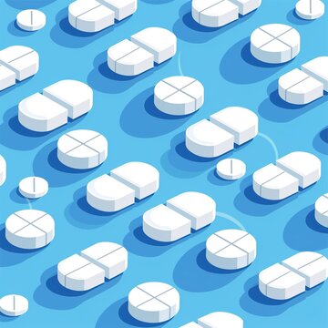 White medical pills pattern on blue