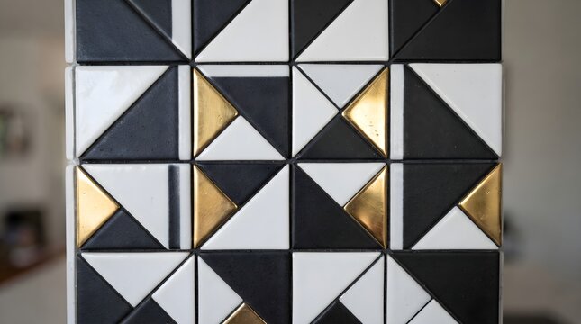 Bold Geometric Triangle Motif on Modern Wall Tiles with Gold Accents