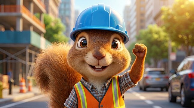 Animated squirrel construction worker cheerfully waves in a bustling city environment