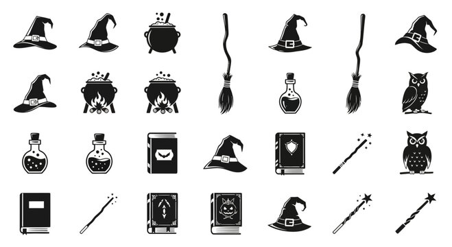 Witchcraft silhouette icon set, Halloween magic elements vector collection, black wizard hat and potion bottle graphics