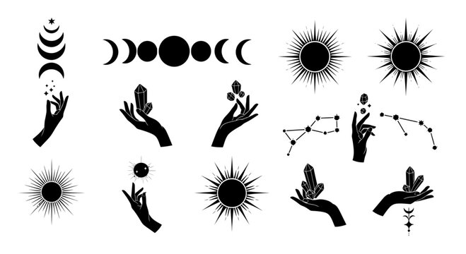 Mystical celestial vector icons, black esoteric hand silhouettes with moon phases and crystals, occult astrology design elements