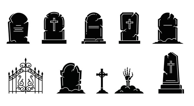 Spooky Halloween gravestone icons set, black cemetery headstone silhouettes, 10 vector elements for gothic funeral design