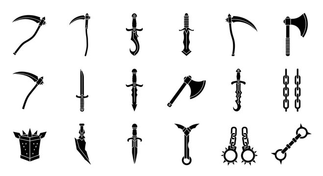 Medieval weapon icons set, black silhouette fantasy blades and scythes, 18 vector elements for game design and dark fantasy art