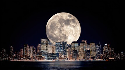 Naklejka premium Stunning City Skyline Under a Bright Full Moon Glowing Over Buildings and Water at Night