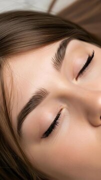 Close-up of a young woman's face with perfectly shaped eyebrows and subtle makeup, eyes closed in relaxation.