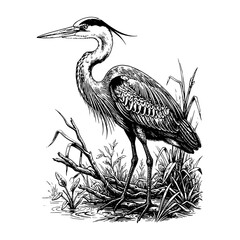Obraz premium Great Blue Heron at Water Edge - Vintage Etching Style Wildlife Illustration