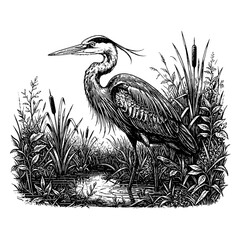 Obraz premium Great Blue Heron Standing in Wetland - Vintage Engraving Line Art Illustration
