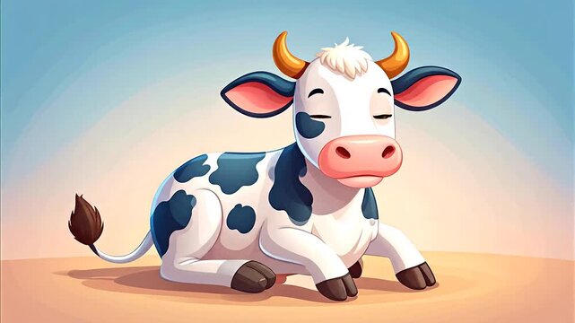 A cute cartoon cow rests peacefully on a soft ground surface