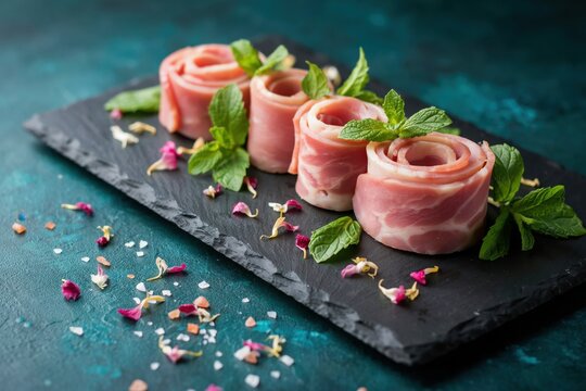 Raw bacon slices rolled into roses with mint leaves on a black stone tray. This gourmet arrangement is perfect for culinary food blogging or marketing.