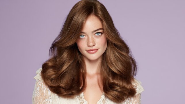 Beautiful young woman with long, voluminous hair posing against a soft purple background in an elegant outfit